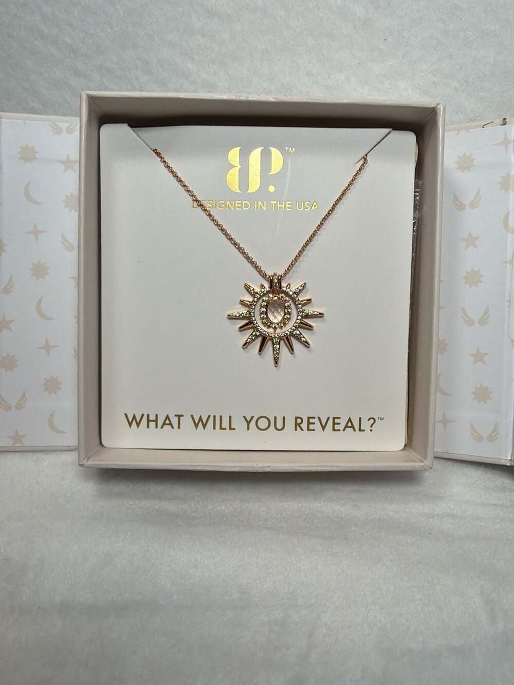 BP Halo Beautifully Remembered Rose Gold Sunburst Necklace Genuine Moonstone